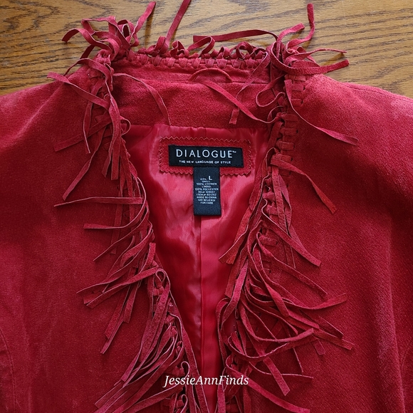 Dialogue Red Suede Leather Fringe Open Front Western Jacket Women's Size Large - Picture 3 of 5